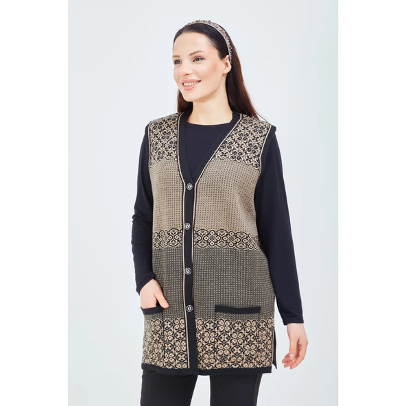 Kadın Vizon Desenli Triko Düğmeli Cepli Kışlık Anne Yeleği - 2