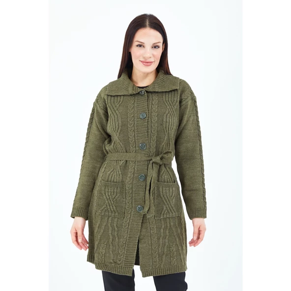 Kadın Haki Yeşil Yakalı Düğmeli Cepli Kuşaklı Örme Triko Yün Uzun Hırka - 5