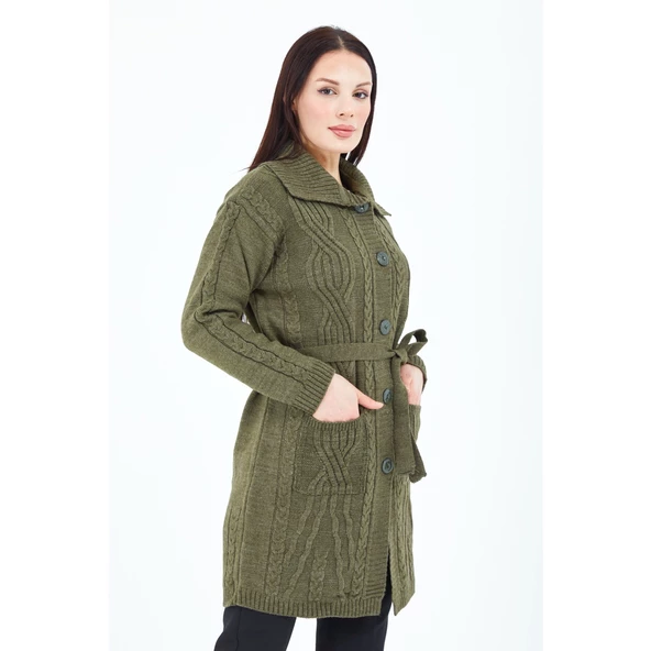 Kadın Haki Yeşil Yakalı Düğmeli Cepli Kuşaklı Örme Triko Yün Uzun Hırka - 3