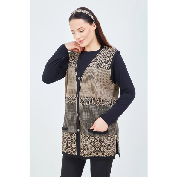 Kadın Vizon Desenli Triko Düğmeli Cepli Kışlık Anne Yeleği - 5