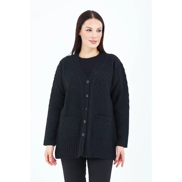 Kadın V Yaka Siyah Düğmeli Cepli Örgü Yün Anne Triko Kısa Hırka - 6