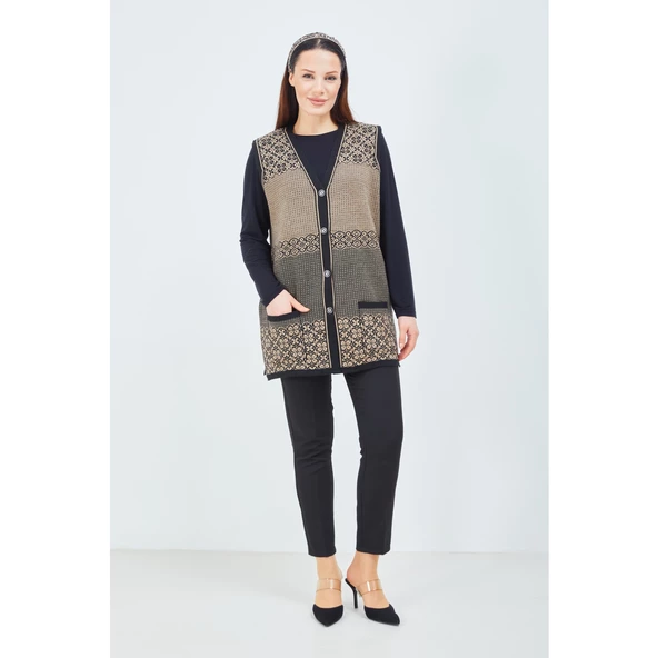 Kadın Vizon Desenli Triko Düğmeli Cepli Kışlık Anne Yeleği - 7