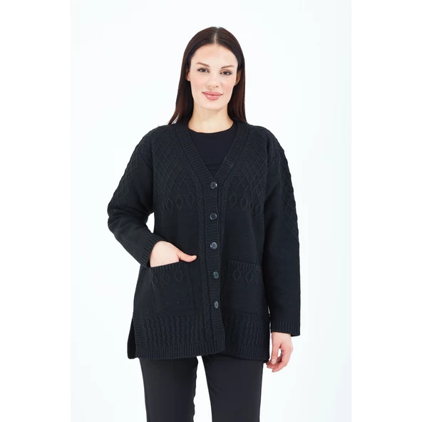 Kadın V Yaka Siyah Düğmeli Cepli Örgü Yün Anne Triko Kısa Hırka - 8