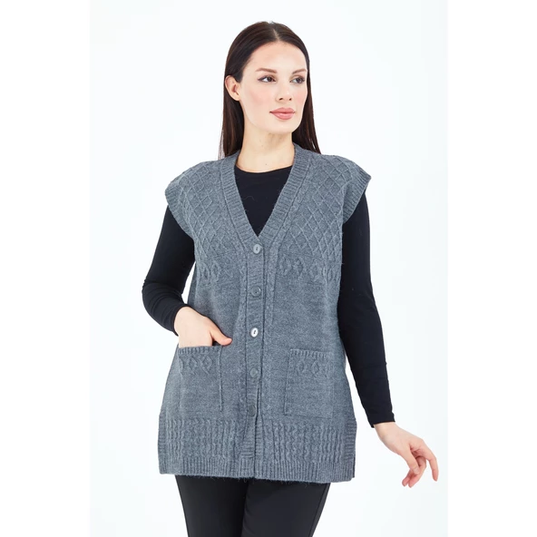Kadın Gri V Yaka Düğmeli Cepli Örgü Yün Anne Triko Yelek - 5