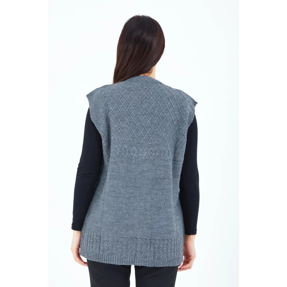 Kadın Gri V Yaka Düğmeli Cepli Örgü Yün Anne Triko Yelek - 7