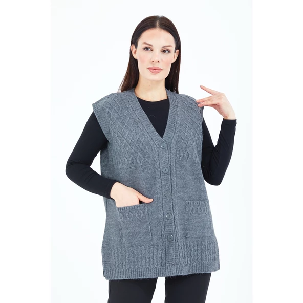 Kadın Gri V Yaka Düğmeli Cepli Örgü Yün Anne Triko Yelek - 2