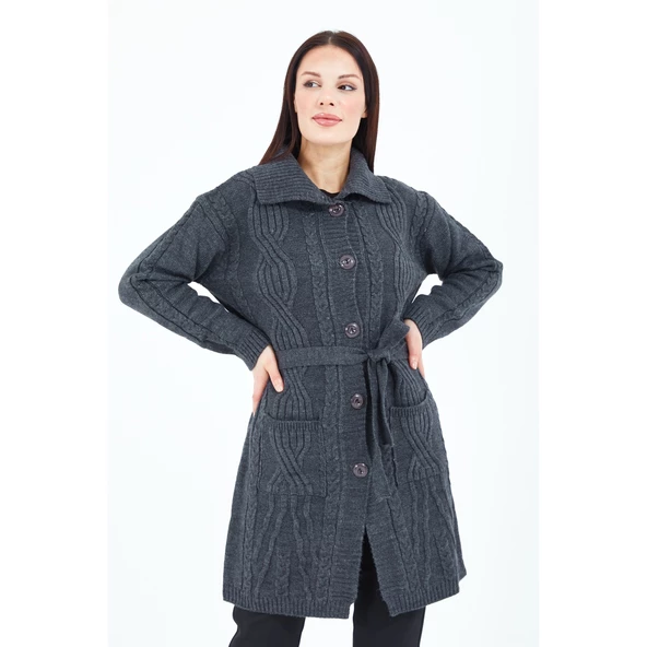 Kadın Füme Yakalı Düğmeli Cepli Kuşaklı Örme Triko Yün Uzun Hırka - 7