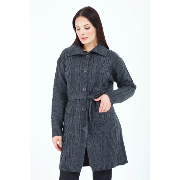 Kadın Füme Yakalı Düğmeli Cepli Kuşaklı Örme Triko Yün Uzun Hırka - 6