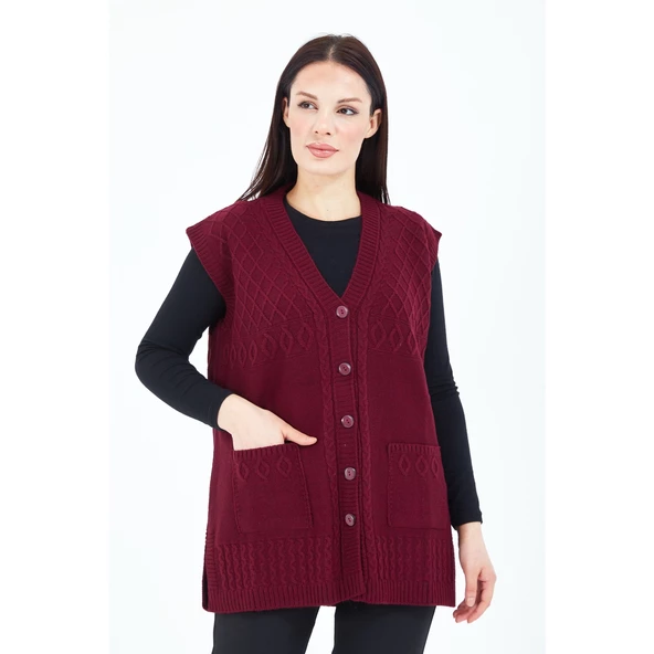 Kadın Bordo V Yaka Düğmeli Cepli Yün Anne Triko Yelek - 2