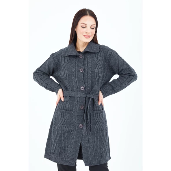 Kadın Füme Yakalı Düğmeli Cepli Kuşaklı Örme Triko Yün Uzun Hırka - 4