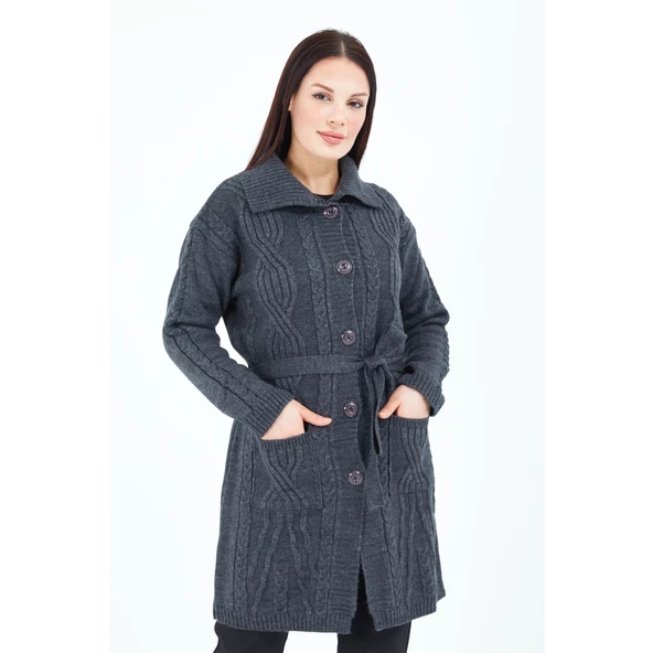 Kadın Füme Yakalı Düğmeli Cepli Kuşaklı Örme Triko Yün Uzun Hırka - 2