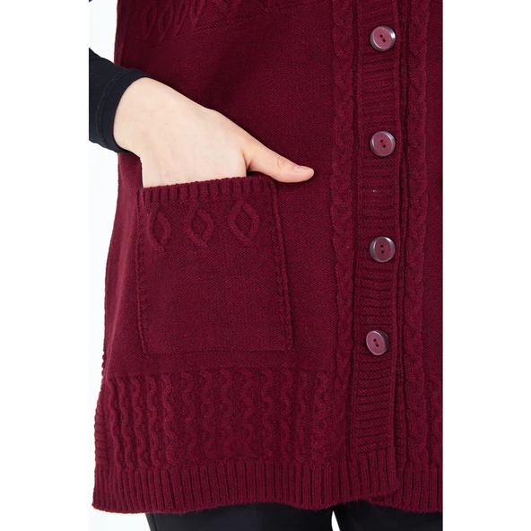 Kadın Bordo V Yaka Düğmeli Cepli Yün Anne Triko Yelek - 8