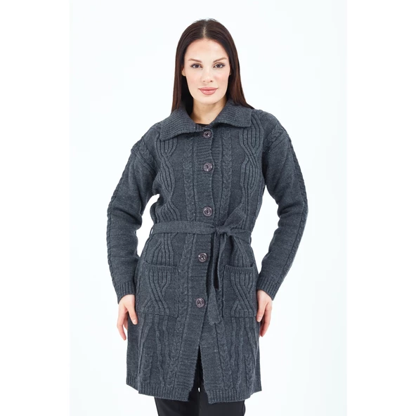 Kadın Füme Yakalı Düğmeli Cepli Kuşaklı Örme Triko Yün Uzun Hırka - 8