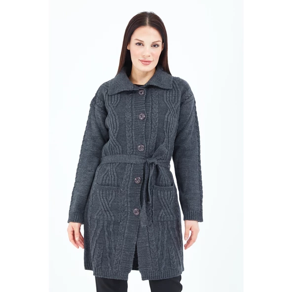 Kadın Füme Yakalı Düğmeli Cepli Kuşaklı Örme Triko Yün Uzun Hırka - 5