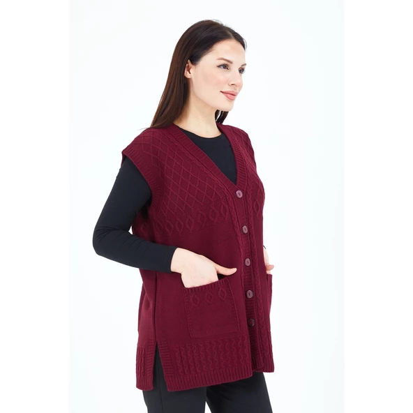 Kadın Bordo V Yaka Düğmeli Cepli Yün Anne Triko Yelek - 6