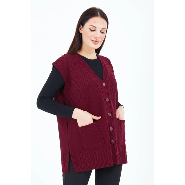 Kadın Bordo V Yaka Düğmeli Cepli Yün Anne Triko Yelek - 5
