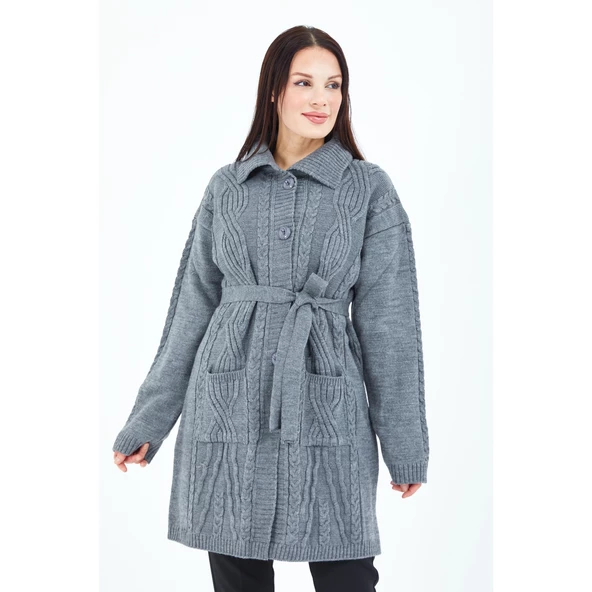 Kadın Gri Yakalı Düğmeli Cepli Kuşaklı Örme Triko Yün Uzun Hırka - 5