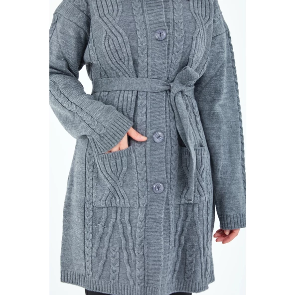 Kadın Gri Yakalı Düğmeli Cepli Kuşaklı Örme Triko Yün Uzun Hırka - 6