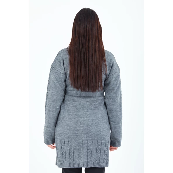 Kadın Gri Yakalı Düğmeli Cepli Kuşaklı Örme Triko Yün Uzun Hırka - 7