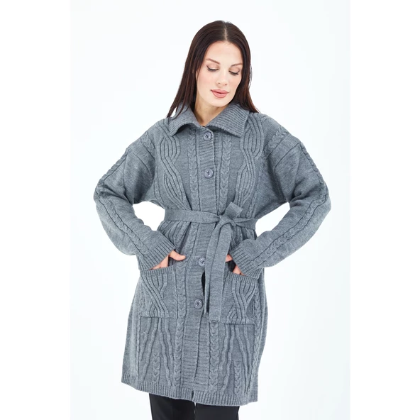 Kadın Gri Yakalı Düğmeli Cepli Kuşaklı Örme Triko Yün Uzun Hırka - 4