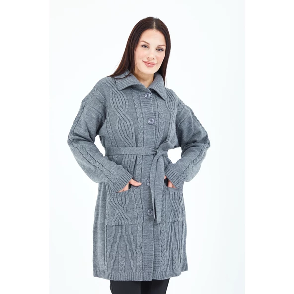 Kadın Gri Yakalı Düğmeli Cepli Kuşaklı Örme Triko Yün Uzun Hırka - 3