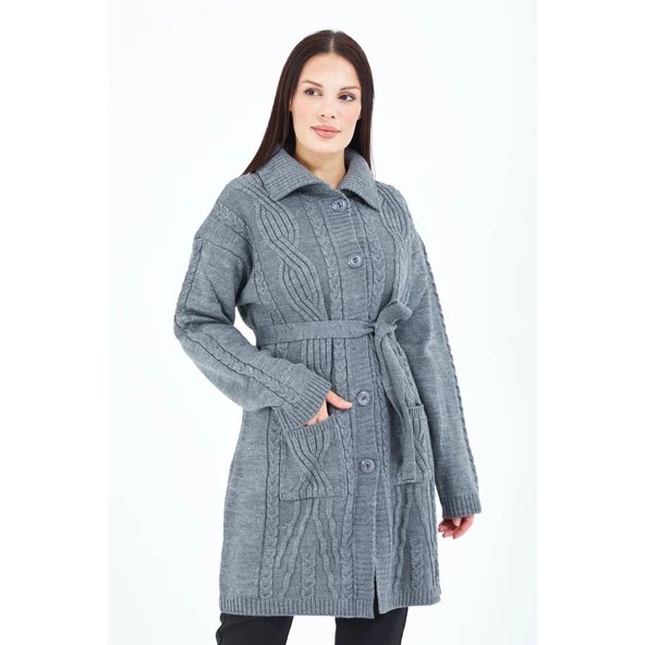 Kadın Gri Yakalı Düğmeli Cepli Kuşaklı Örme Triko Yün Uzun Hırka - 2