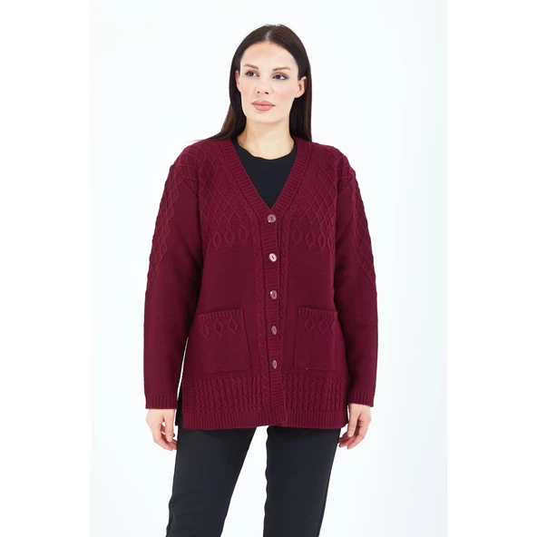 Kadın V Yaka  Bordo Düğmeli Cepli Örgü Yün Anne Triko Kısa Hırka - Resim 8