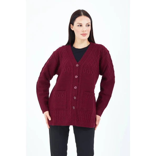 Kadın V Yaka  Bordo Düğmeli Cepli Örgü Yün Anne Triko Kısa Hırka - Resim 7