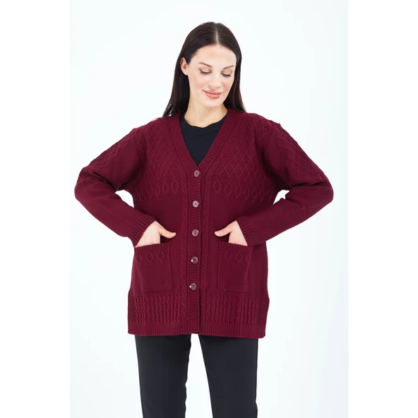 Kadın V Yaka  Bordo Düğmeli Cepli Örgü Yün Anne Triko Kısa Hırka - Resim 2
