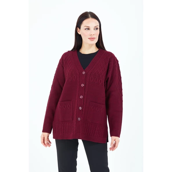 Kadın V Yaka  Bordo Düğmeli Cepli Örgü Yün Anne Triko Kısa Hırka - Resim 6