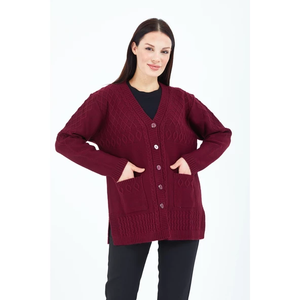 Kadın V Yaka  Bordo Düğmeli Cepli Örgü Yün Anne Triko Kısa Hırka - Resim 5