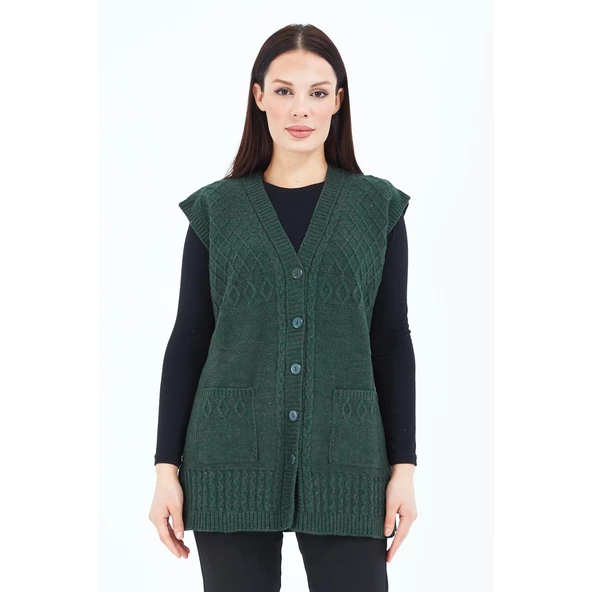 Kadın Haki Yeşil V Yaka Düğmeli Cepli Örgü Yün Anne Triko Yelek - 2