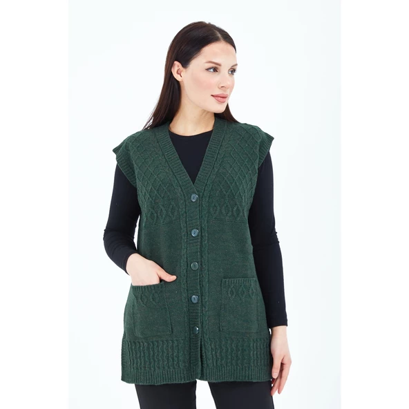 Kadın Haki Yeşil V Yaka Düğmeli Cepli Örgü Yün Anne Triko Yelek - 4