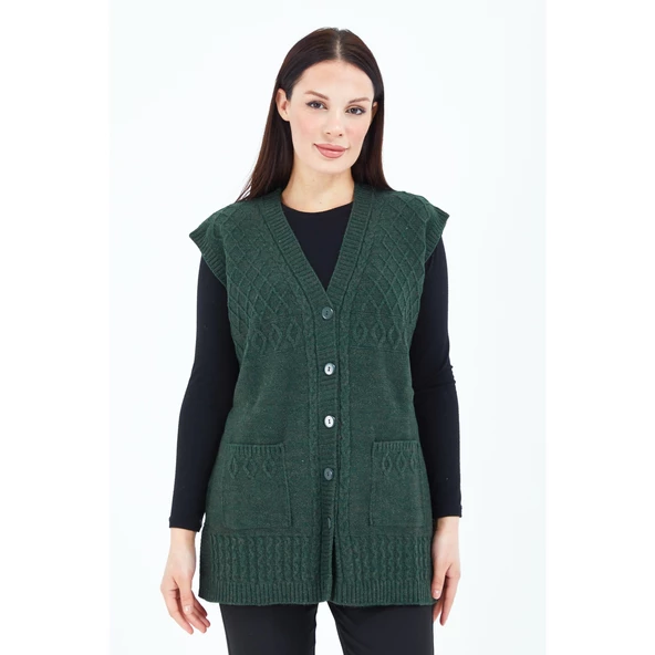 Kadın Haki Yeşil V Yaka Düğmeli Cepli Örgü Yün Anne Triko Yelek - 5