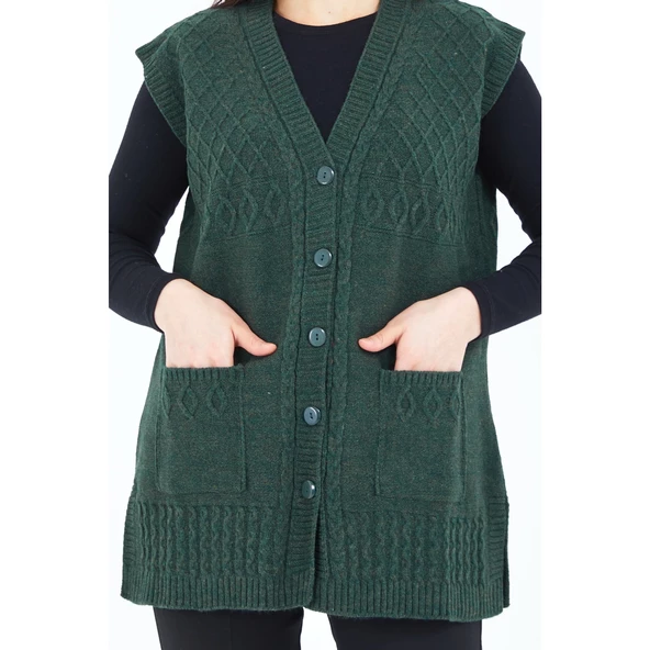 Kadın Haki Yeşil V Yaka Düğmeli Cepli Örgü Yün Anne Triko Yelek - 7