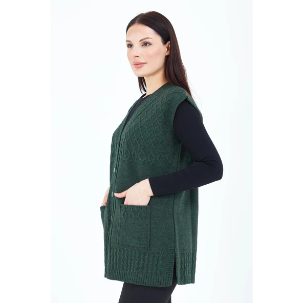 Kadın Haki Yeşil V Yaka Düğmeli Cepli Örgü Yün Anne Triko Yelek - 6