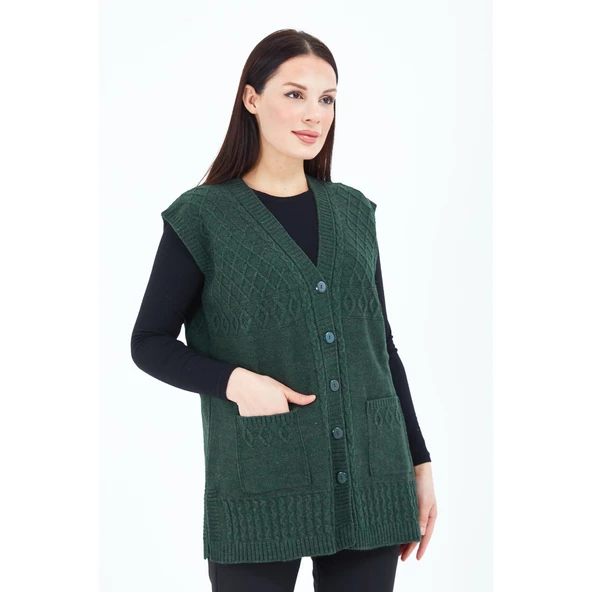 Kadın Haki Yeşil V Yaka Düğmeli Cepli Örgü Yün Anne Triko Yelek - 3