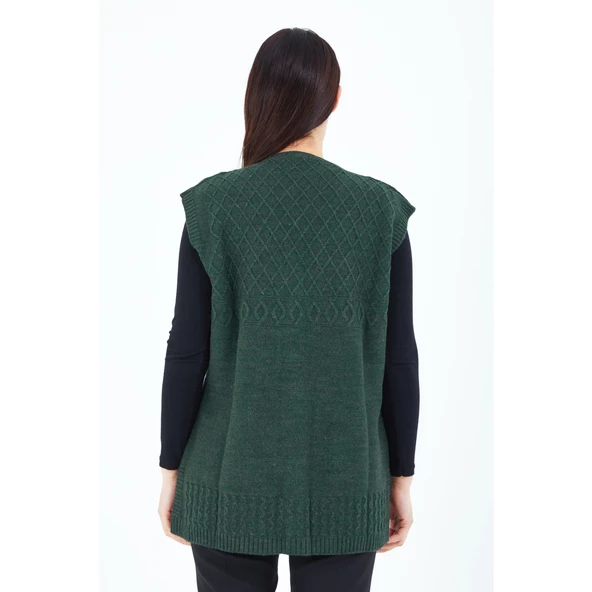 Kadın Haki Yeşil V Yaka Düğmeli Cepli Örgü Yün Anne Triko Yelek - 8