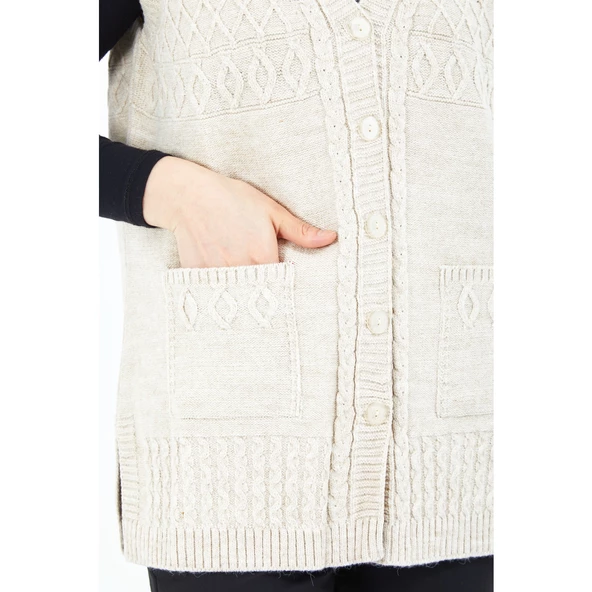 Kadın Krem V Yaka Düğmeli Cepli Örgü Yün Anne Triko Yelek - 8