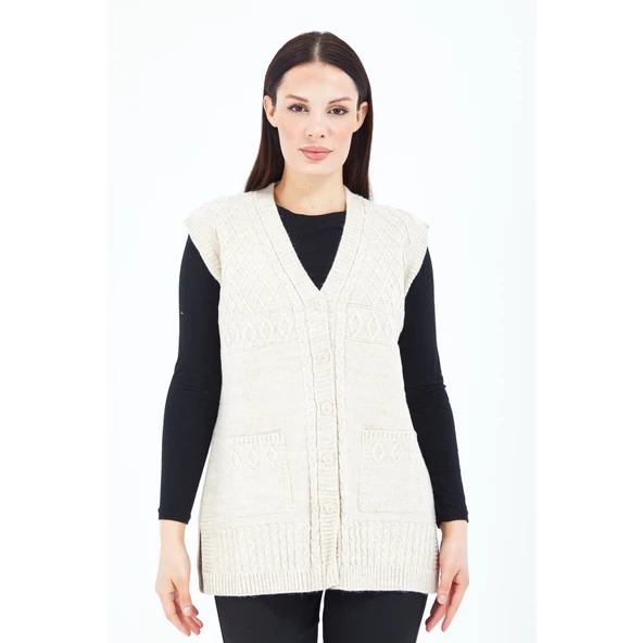 Kadın Krem V Yaka Düğmeli Cepli Örgü Yün Anne Triko Yelek - 3