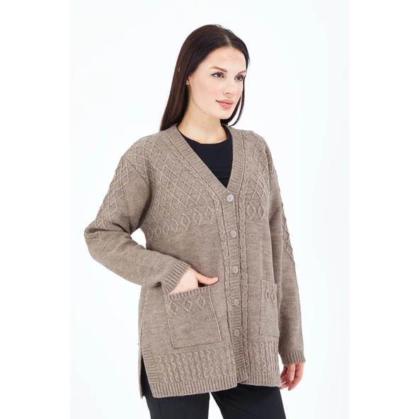 Kadın V Yaka Vizon Düğmeli Cepli Örgü Yün Anne Triko Kısa Hırka - 6