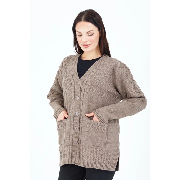 Kadın V Yaka Vizon Düğmeli Cepli Örgü Yün Anne Triko Kısa Hırka - 7