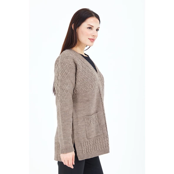 Kadın V Yaka Vizon Düğmeli Cepli Örgü Yün Anne Triko Kısa Hırka - 5