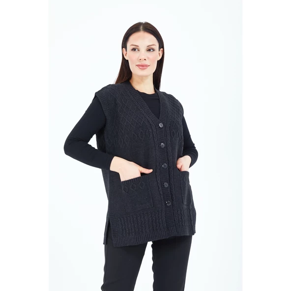 Kadın Siyah V Yaka Düğmeli Cepli Örgü Yün Anne Triko Yelek - 5