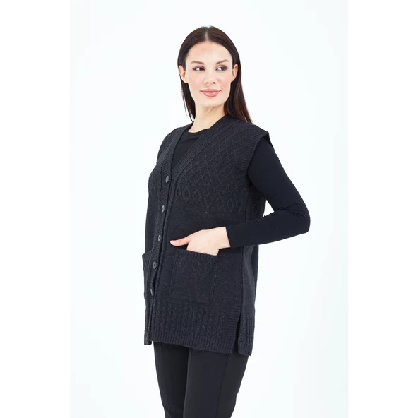 Kadın Siyah V Yaka Düğmeli Cepli Örgü Yün Anne Triko Yelek - 7