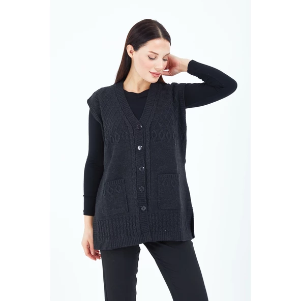 Kadın Siyah V Yaka Düğmeli Cepli Örgü Yün Anne Triko Yelek - 2