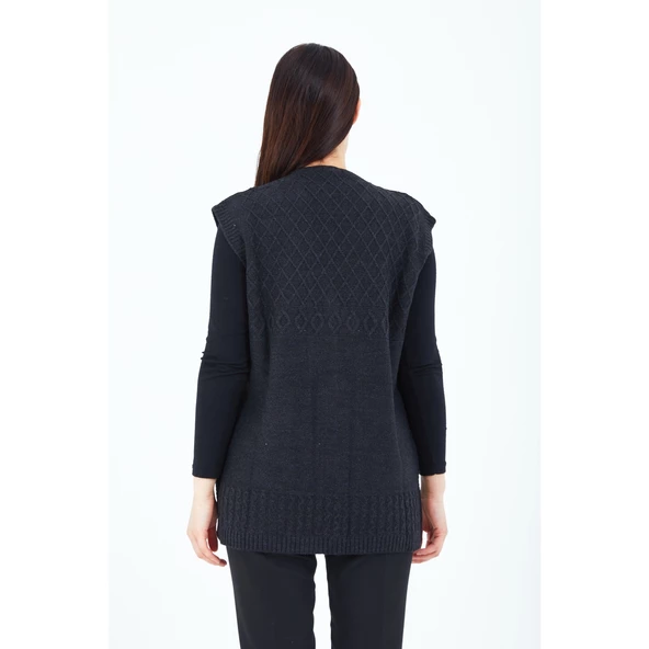 Kadın Siyah V Yaka Düğmeli Cepli Örgü Yün Anne Triko Yelek - 8