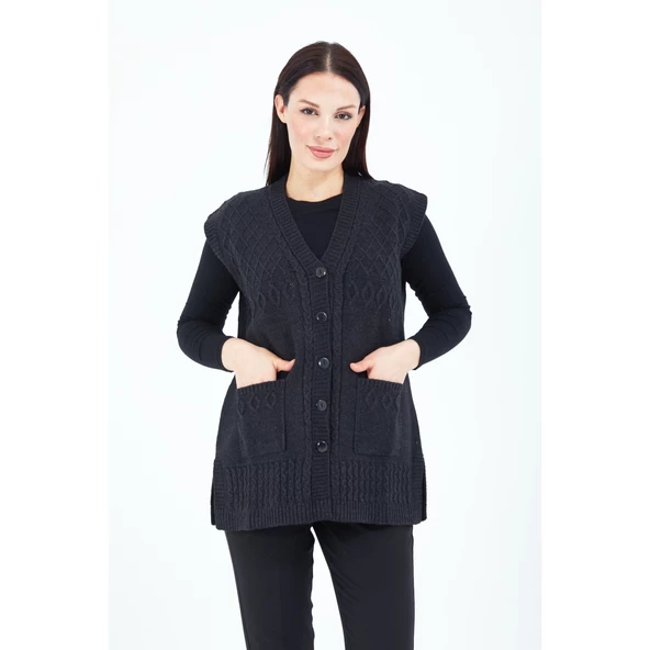 Kadın Siyah V Yaka Düğmeli Cepli Örgü Yün Anne Triko Yelek