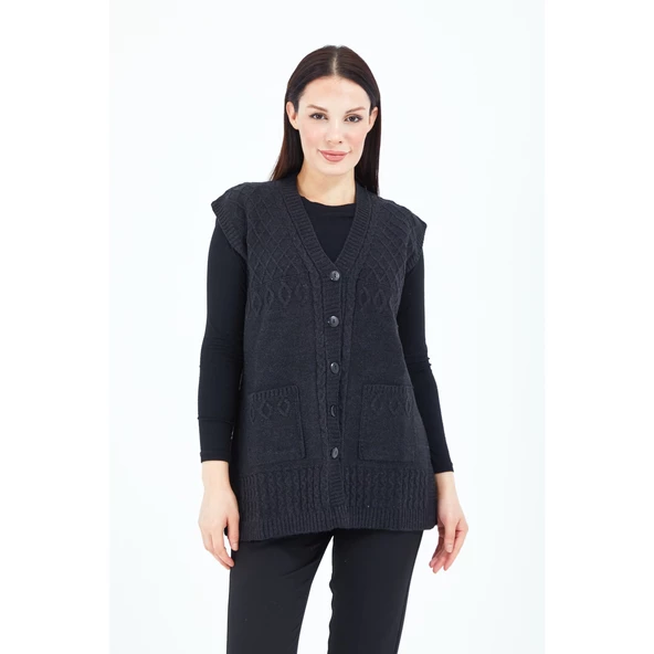 Kadın Siyah V Yaka Düğmeli Cepli Örgü Yün Anne Triko Yelek - 3