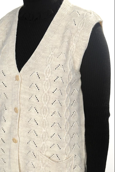Kadın Krem V Yaka Zincir Örgü Yün Triko Anne Yelek - 3